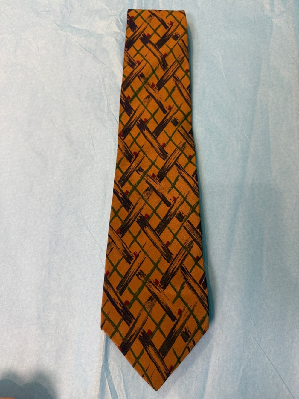 Vintage 90’s Hennessy Couture Tan Patterned Men's 110% Silk tie